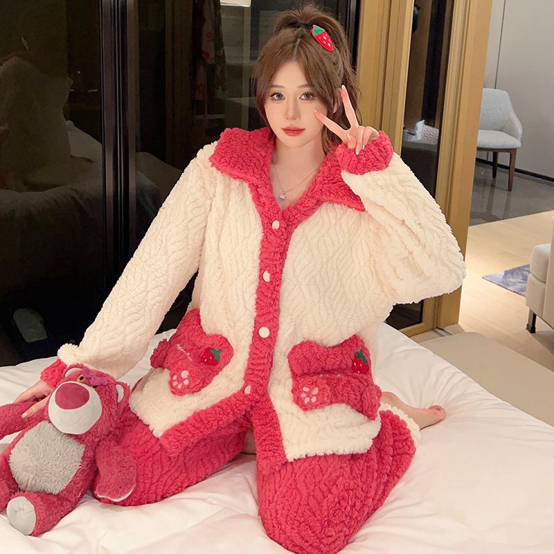 Long haired pajamas for women in winter 2023, sweet cardigans, sleeves, long pants, plus size 220 pounds, chubby MM home_voghion.com