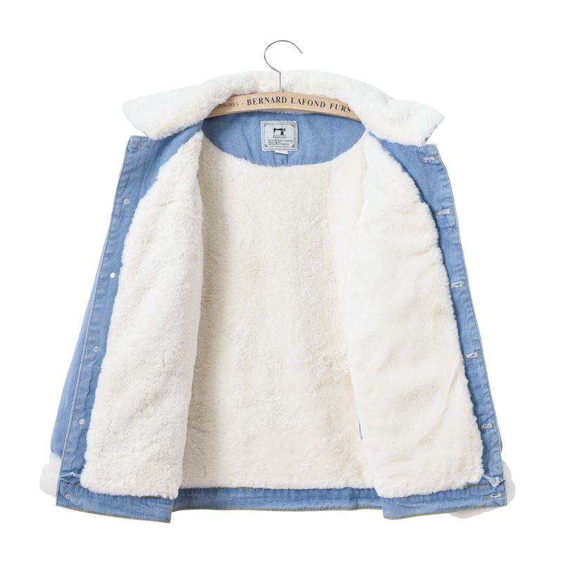 Giacca da donna in denim foderata in pile, calda e calda, con collo in pelliccia sintetica di coniglio, casual, blu, oversize, con spalle scese_voghion.com