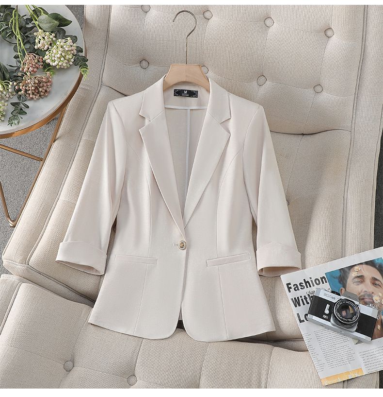 Women's Slim Fit Short Blazer Jacket – Lightweight Office & Casual Cropped Blazer With Notch Lapel, 3/4 Sleeve, Wrinkle-Free_voghion.com