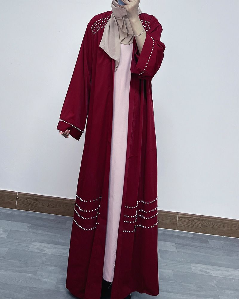 Elegant Dubai Pearl-Embellished Abaya – Long Sleeve Open Front Robe Dress (Black/Burgundy, S-XXL)_voghion.com