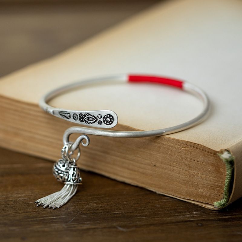 per donna, argento puro, cavigliera in stile antico con motivi intagliati, ciondolo con nappa, bracciale aperto regolabile in argento,_voghion.com