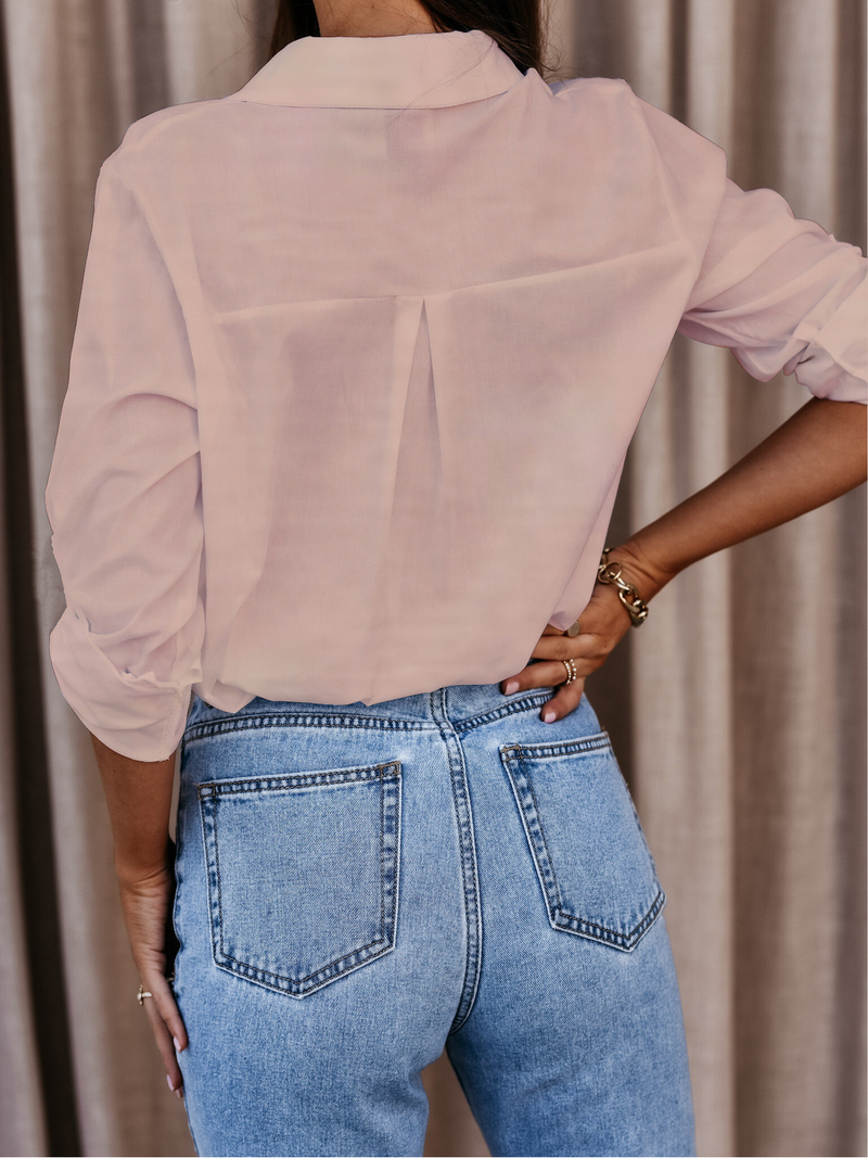 Camicia abbottonata semplice con scollo a V a maniche lunghe autunnale da donna_voghion.com
