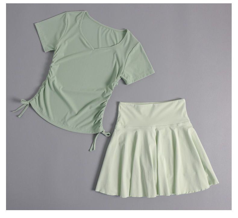 Ropa de yoga, camiseta de manga corta para mujer, top adelgazante con cordón, ropa de entrenamiento de pilates, ropa de fitness, falda plisada_voghion.com