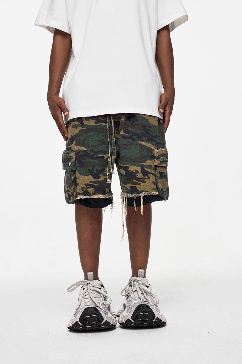 Men's Clothing High Street Washed Raw Edge Distressed Double Layer Retro Workwear Pocket Trendy Camouflage Shorts Summer Shorts Men's Trend_voghion.com