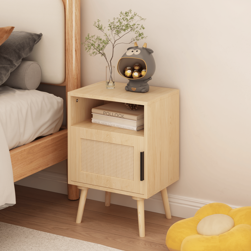 22.83" H Rattan Nightstand, Side Table With Door Open Shelf,Accent Bedside End Table With Solid Wood Legs For Bedroom, Dorm And Small Spaces_voghion.com