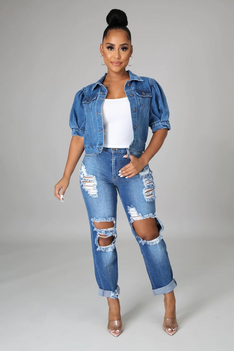 Jachetă din denim pentru femei, vânzare fierbinte, denim, mânecă scurtă, modă, retro, din denim, îmbrăcăminte exterioară_voghion.com