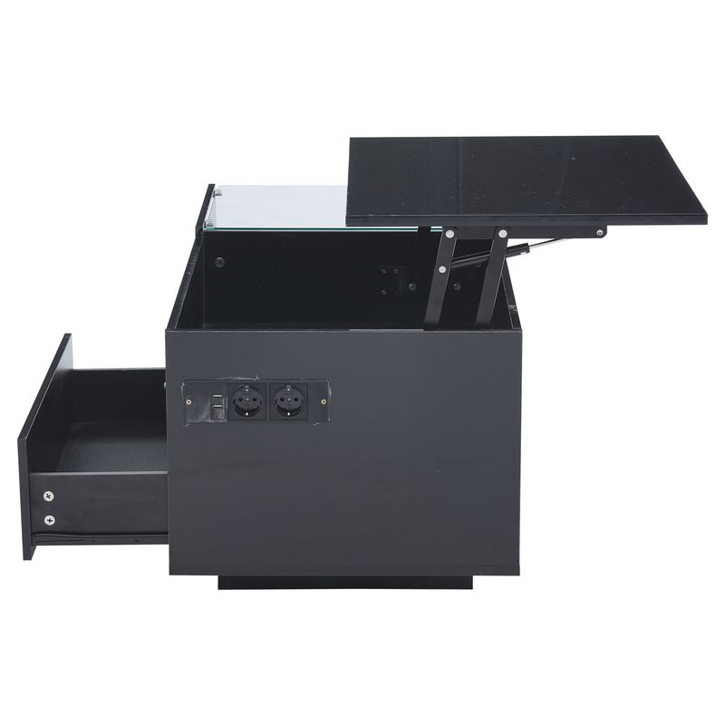 Table basse réglable en hauteur 95 x 48 x 42 cm avec rangement dissimulé, éclairage LED, tiroir et prise de courant - Table d'appoint de salon noire_voghion.com