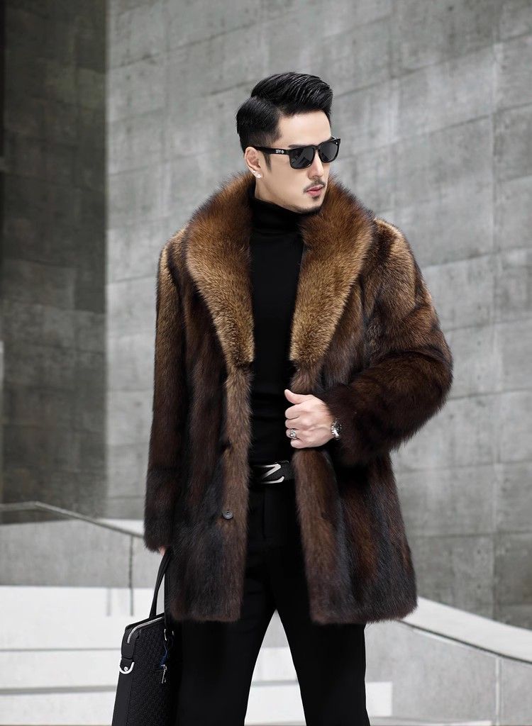 Casaco masculino de pele de vison sintético, longo, de inverno, slim fit, com decote em V, jaqueta casual com bolsos laterais (disponível nos tamanhos P-6XL, marrom)_voghion.com