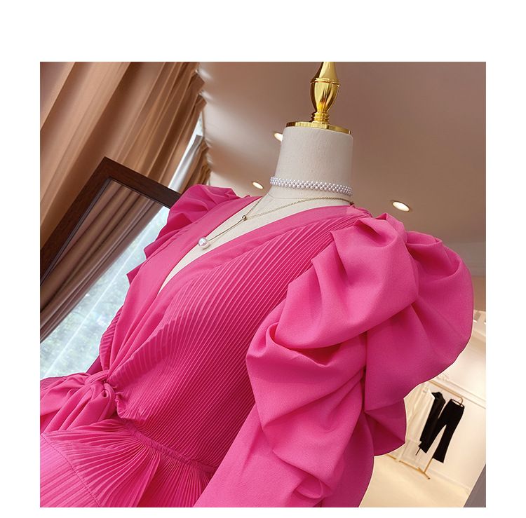 Women's Clothing Retro puff sleeve v neck shirt for women autumn design three dimensional ruffled lace up waist pleated short sleeved top_voghion.com