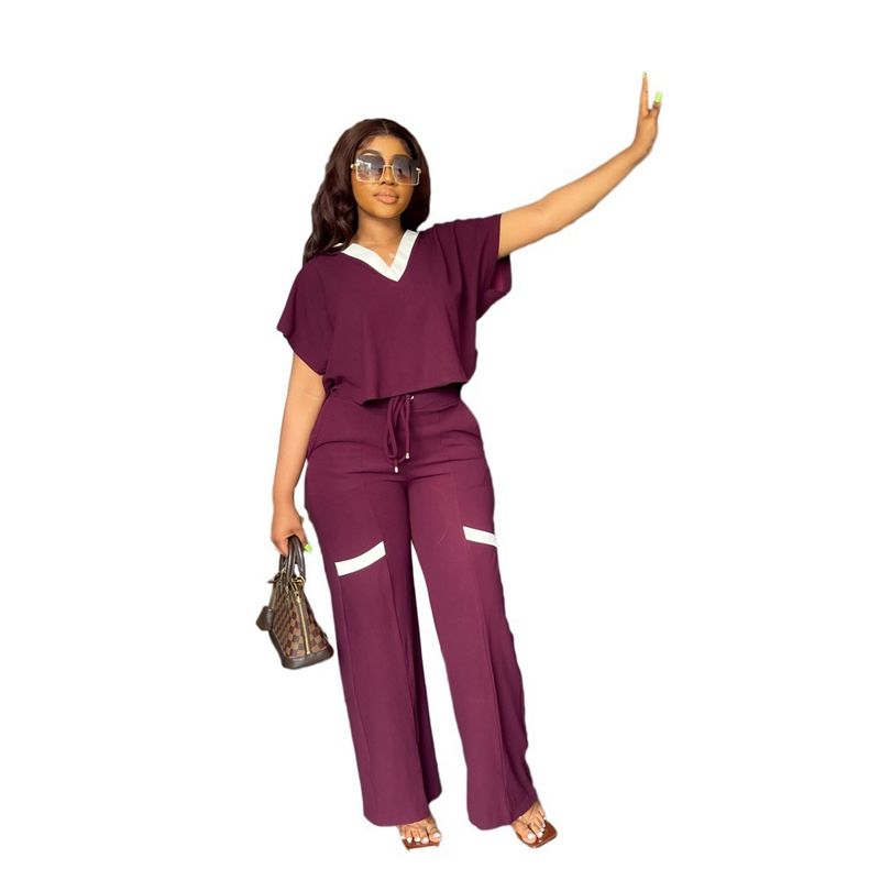 Ensemble deux pièces pour femme, t-shirt décontracté à manches courtes et pantalon de sport à jambe droite, couleur unie, été_voghion.com
