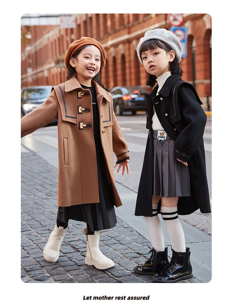 Doppelseitiger Wollmantel für Mädchen | Marineblauer Cape-Trenchcoat für Teenager (Rot/Schwarz/Khaki) | Winterjacke aus 80 % Wollmischung_voghion.com