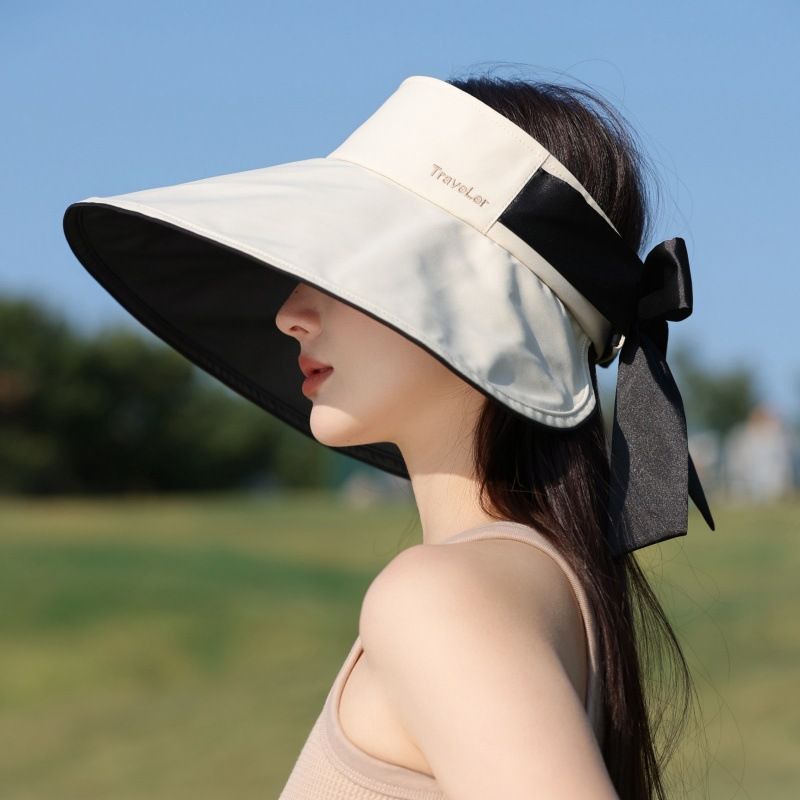 Cappello da sole estivo da donna con protezione UV, alla moda, con fiocco, a tesa larga, antivento e a blocchi di colore._voghion.com