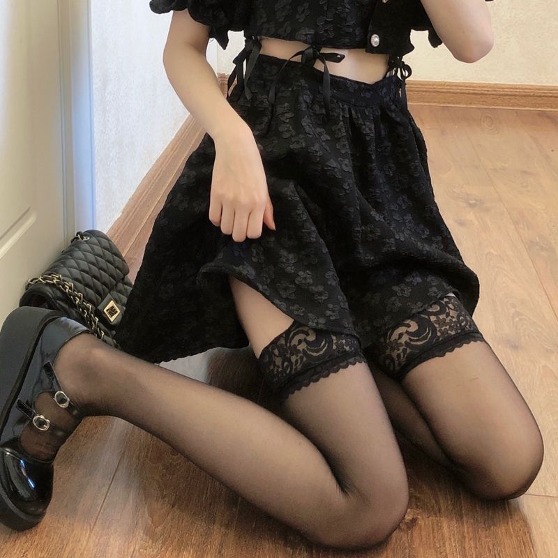 jk Calzini lunghi sopra il ginocchio sottili primaverili e autunnali da donna con pizzo bianco e calze alte nere_voghion.com