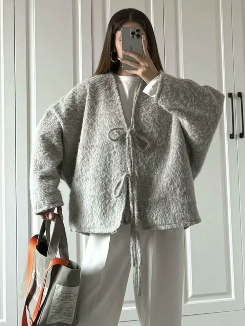 Oversized Wollmantel mit V-Ausschnitt und Gürtel – Street Style Longline Duster in Dunkelbraun & Silbergrau (S-L)_voghion.com