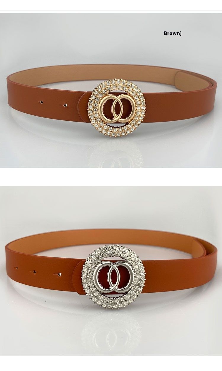 Hot Selling Cross-border Women's Belt Double Circular Loop Smooth Buckle Diamond Inlaid Belt Chic Personalized Decoration_voghion.com