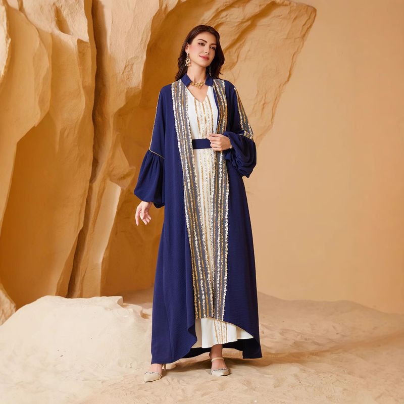 NC35 Kuwait Paillettenbesticktes Gewand Muslimische Mode Damen Zweiteiliges Set Puffärmelkleid_voghion.com