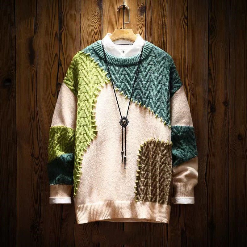 Suéter de punto holgado para hombre, marca de moda, con personalidad de patchwork, para otoño e invierno, 2025_voghion.com