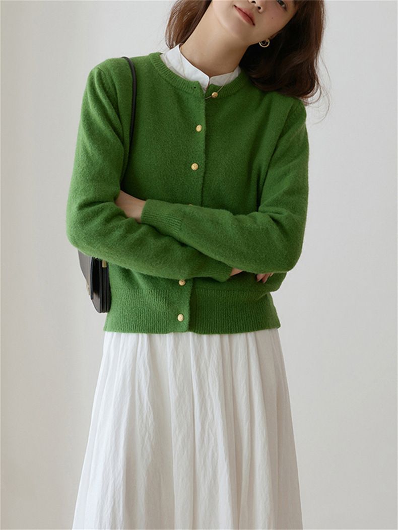 Cardigan lavorato a maglia con scollo rotondo e bottoni dorati, da donna, coreano, delicato, autunno 2024, casual, basico, giacca_voghion.com