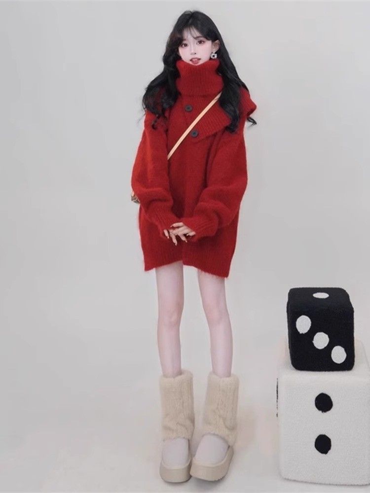 girl Christmas Red Turtleneck Knitted Sweater Scarf Two-Piece Set For Women Autumn Winter High-End Lazy Thickened Outerwear_voghion.com