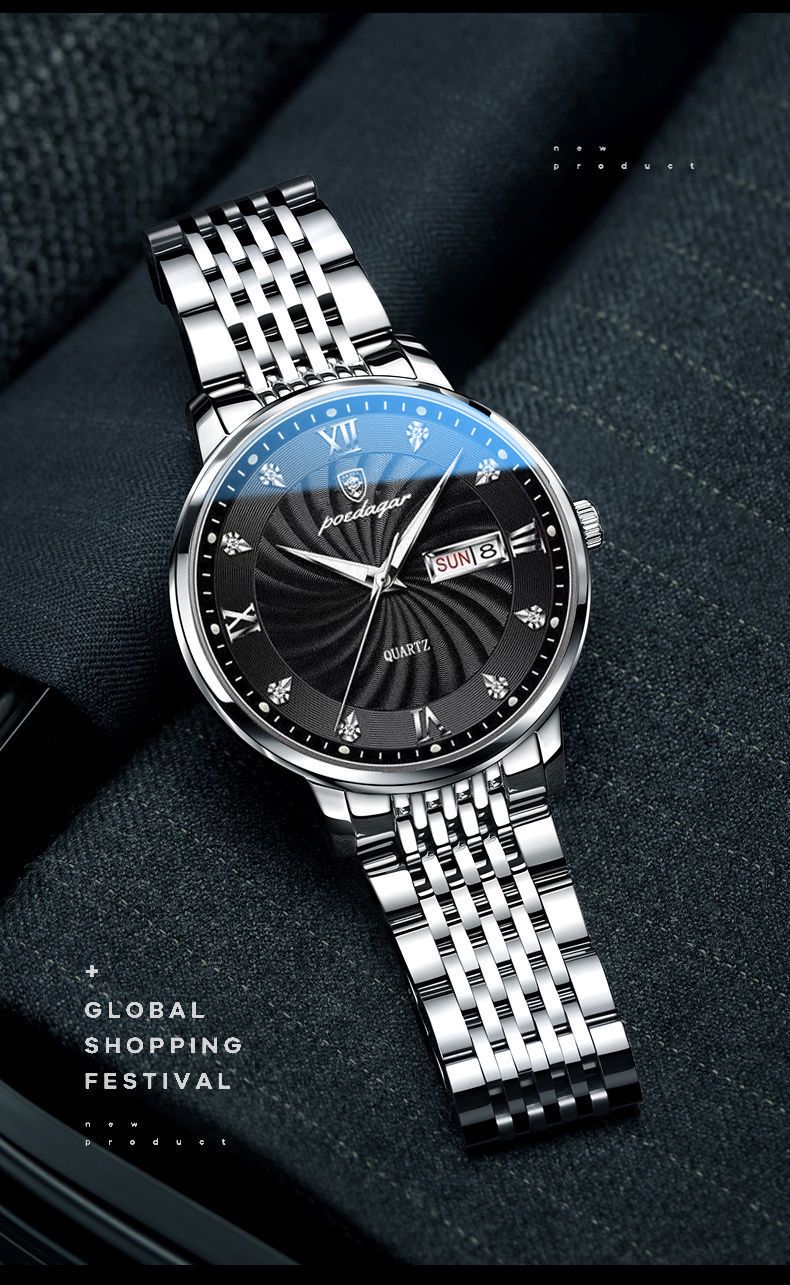 Herrenuhr, wasserdicht, leuchtend, Datum, Woche, Herren-Quarz-Armbanduhr aus Edelstahl, modische Sportuhren für Männer_voghion.com