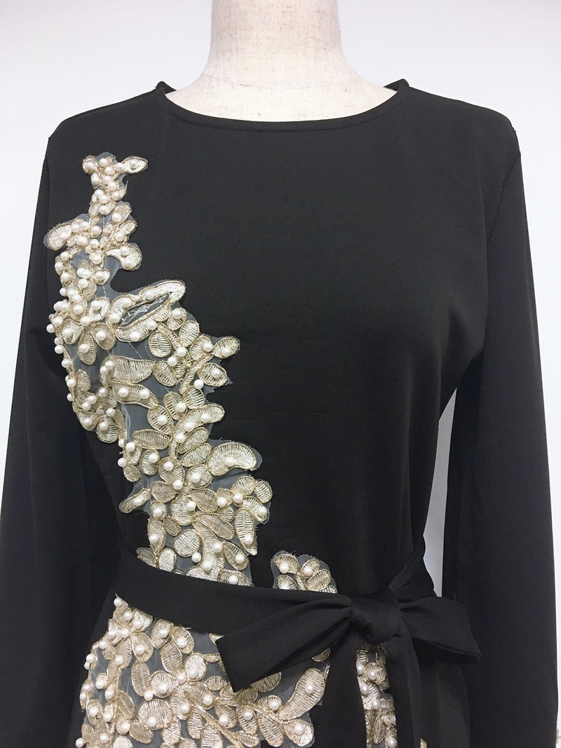 Damenbekleidung im neuen Stil, elegant, bestickt, langer Rock, Spitze, Perlen, Trompetenärmel, Schnürrock_voghion.com