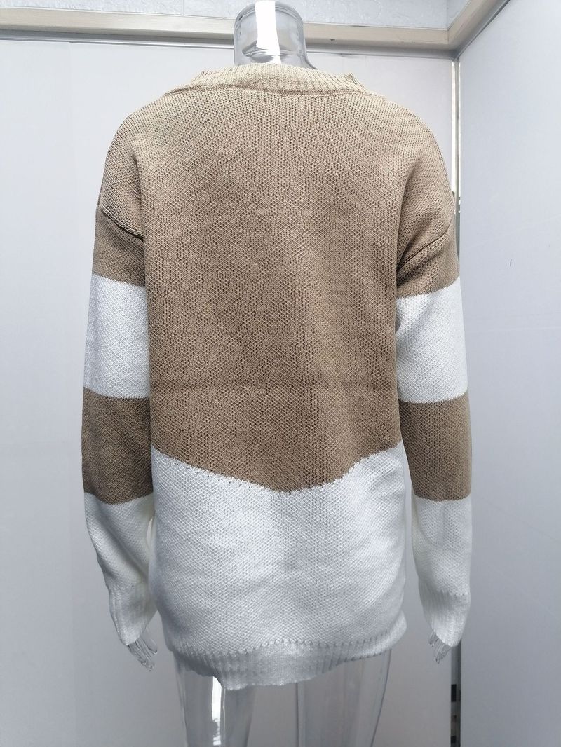 Pull ample à col en v pour femme, pull ample avec couleurs contrastées, automne et hiver_voghion.com