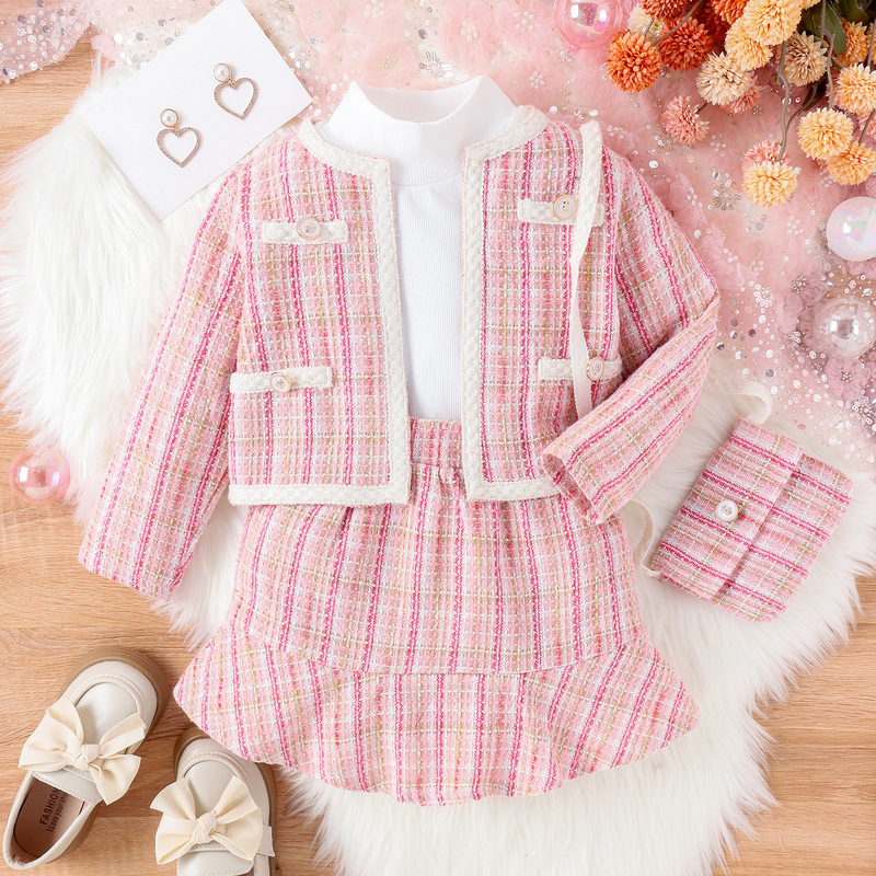 Kinderkleidung, kleiner Duft, Herbst und Winter, vierteiliges Set, einfarbig, Stehkragen + karierter Rock aus Wolle, Mantel + Tasche_voghion.com