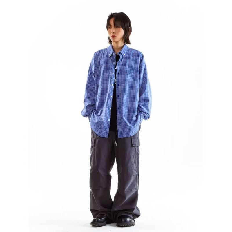 Camicia a quadri ampia e ricamata a maniche lunghe per uomo, pigra e versatile, camicia a quadri classica retrò_voghion.com