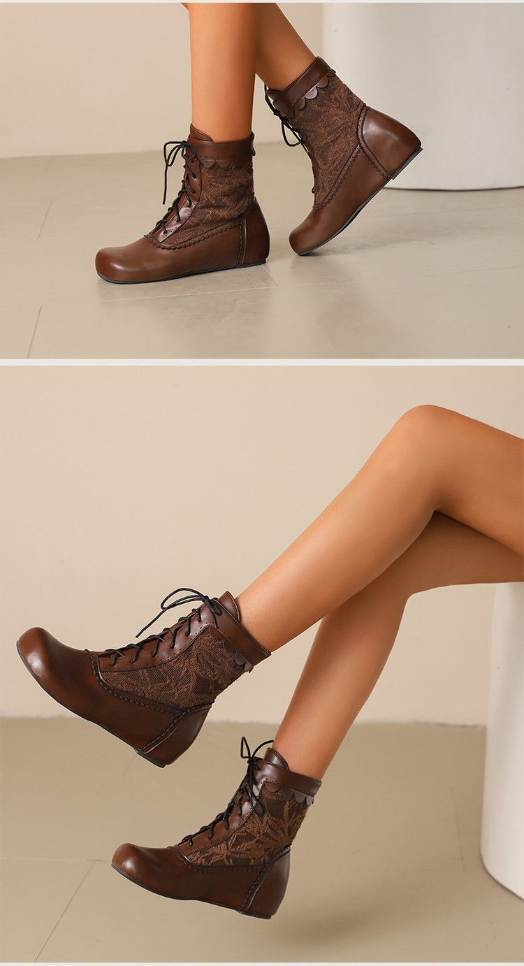 Stivaletti da donna, autunno inverno, stivali corti, altezza interna aumentata, lacci anteriori, pizzo bruciato, patchwork, nuovi stivali corti da donna_voghion.com