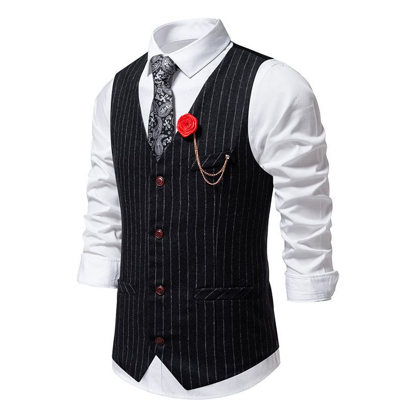 men's retro striped woolen material single-breasted vest European size casual large size waistcoat vest for men_voghion.com