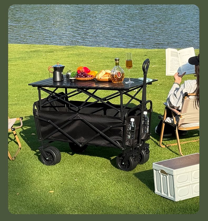 Sedia pieghevole da esterno con apertura posteriore per bambini, reclinabile da campeggio con tavolo regolabile e piccolo carrello a spinta_voghion.com