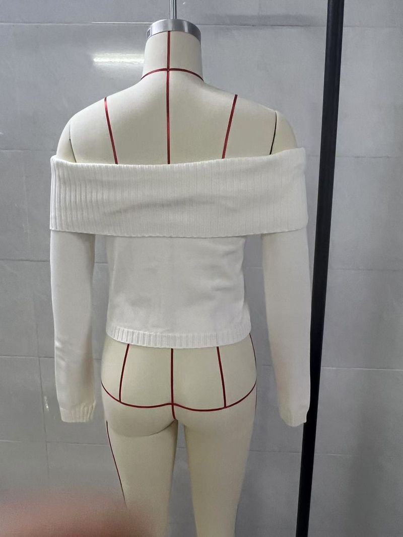 2025 Frühjahr Neues Strickoberteil Damen Einfarbiger Off-Shoulder Langarm Pullover_voghion.com