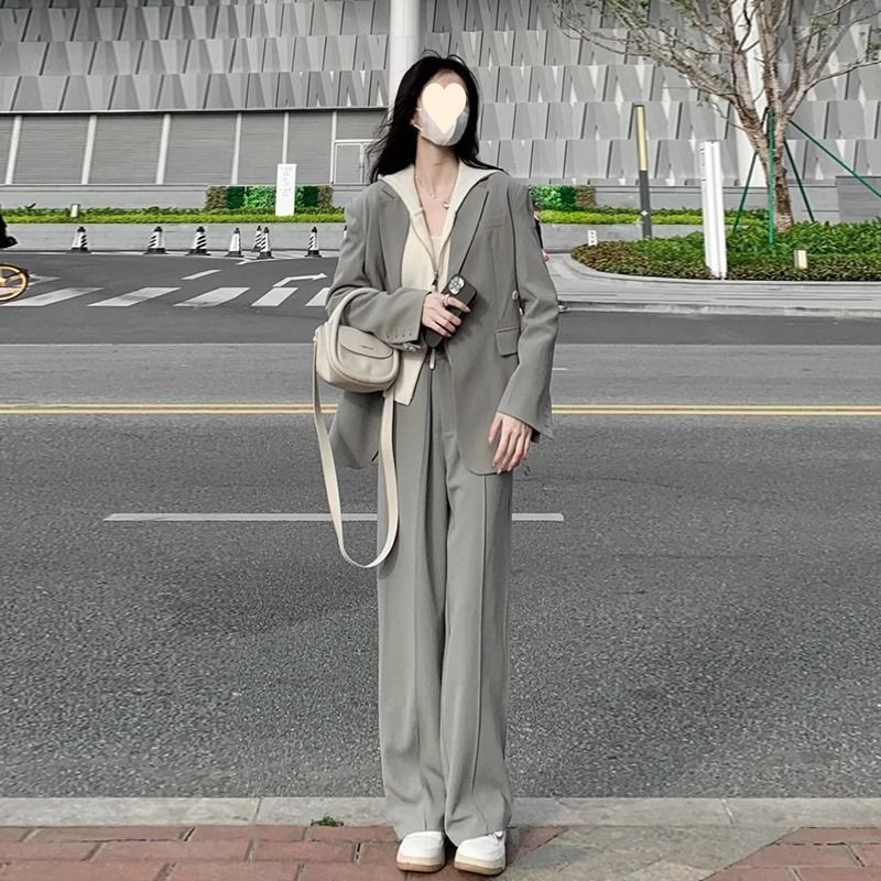 Veste blazer grise pour femme, ensemble deux pièces printemps-automne, tailleur ample et décontracté._voghion.com