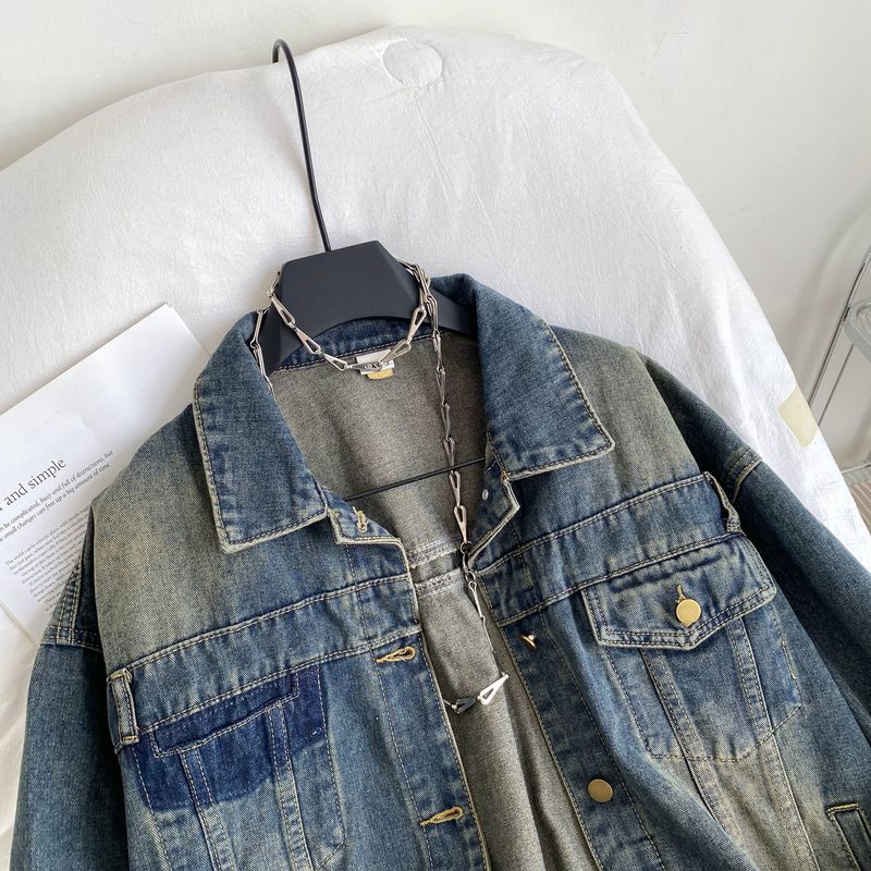 Chaqueta vaquera vintage lavada para mujer: camisa oversize estilo BF de manga larga con abertura frontal y bolsillos._voghion.com