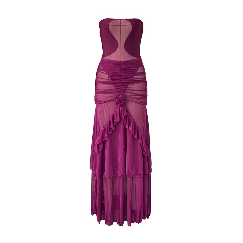 Women's Clothing Pure Color Sexy Mesh Hollow Tube Top Strap One Piece Swimsuit Skirt Two Piece Set_voghion.com