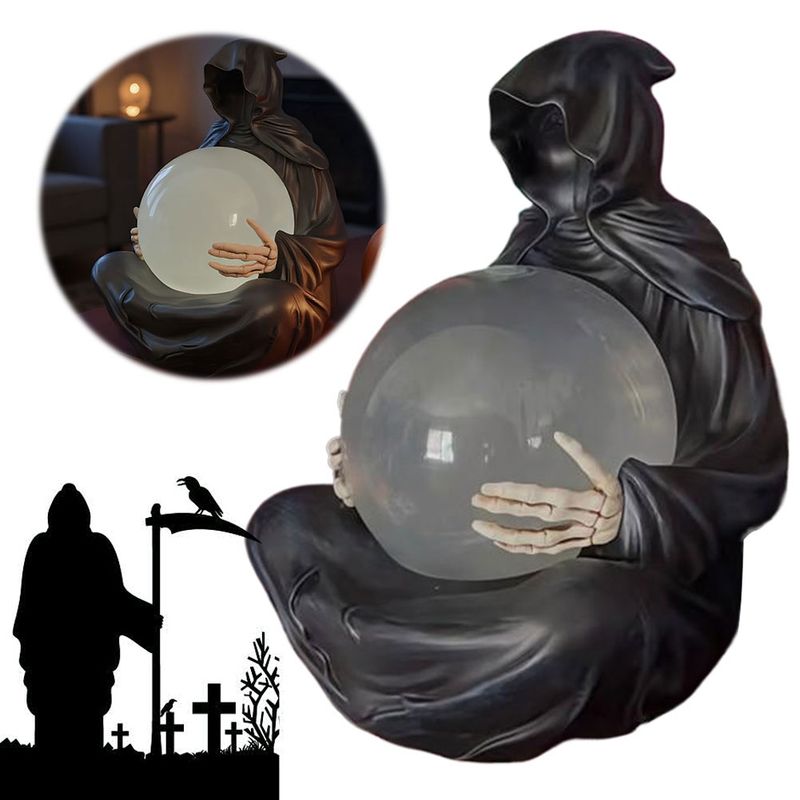 Decoração de Halloween com LED, carregamento USB, bola de cristal do deus da morte, escultura assustadora de resina, ornamento para decoração de mesa_voghion.com