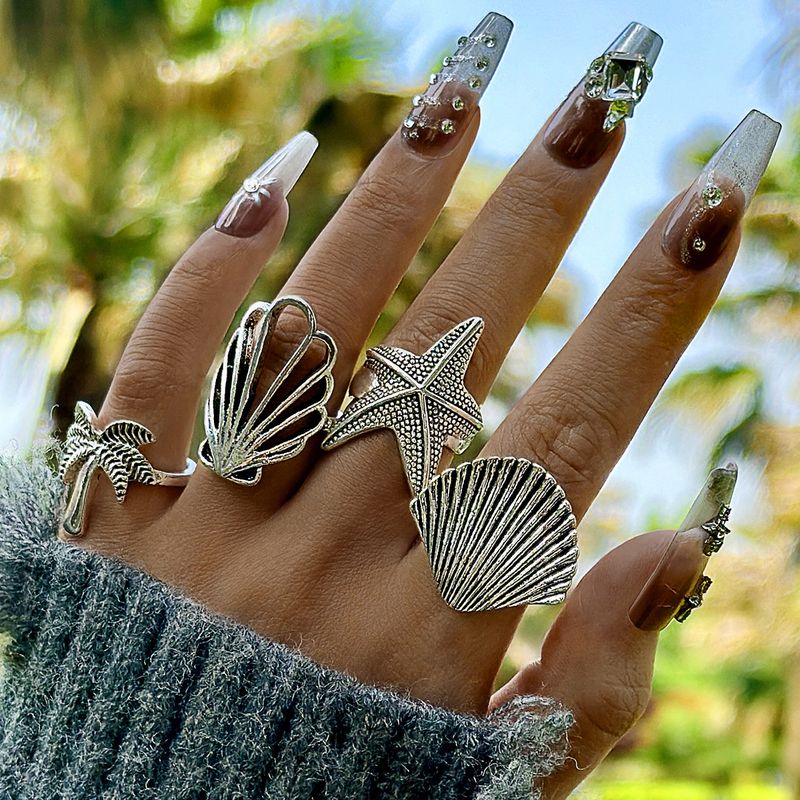Exaggerated Starfish Scallop Fashionable And Unique Coconut Tree Ring Four-Piece Set_voghion.com