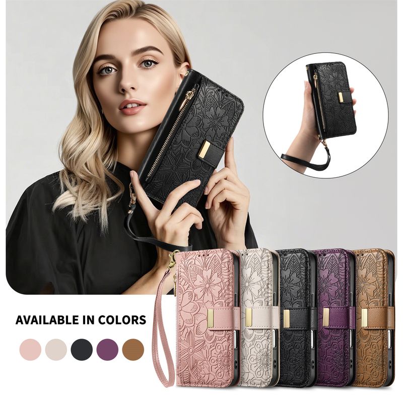 Custodia elegante e alla moda in pelle con flip per iPhone Air e 17 Pro di TechGlobe, con portafoglio a forma di fiore e foglia._voghion.com