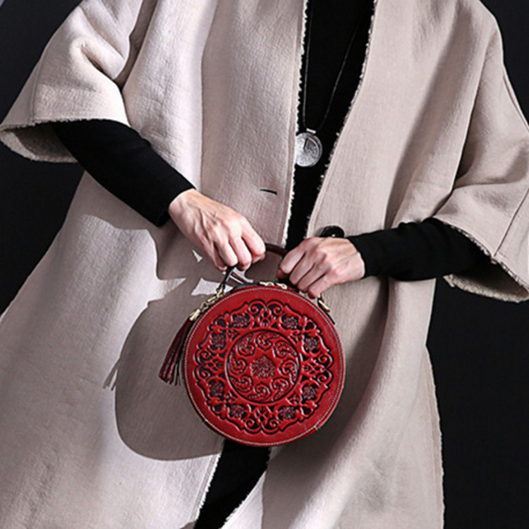 Borsa a tracolla monospalla in vera pelle, stile artistico estivo da donna, piccola borsa rotonda in pelle di vacchetta_voghion.com