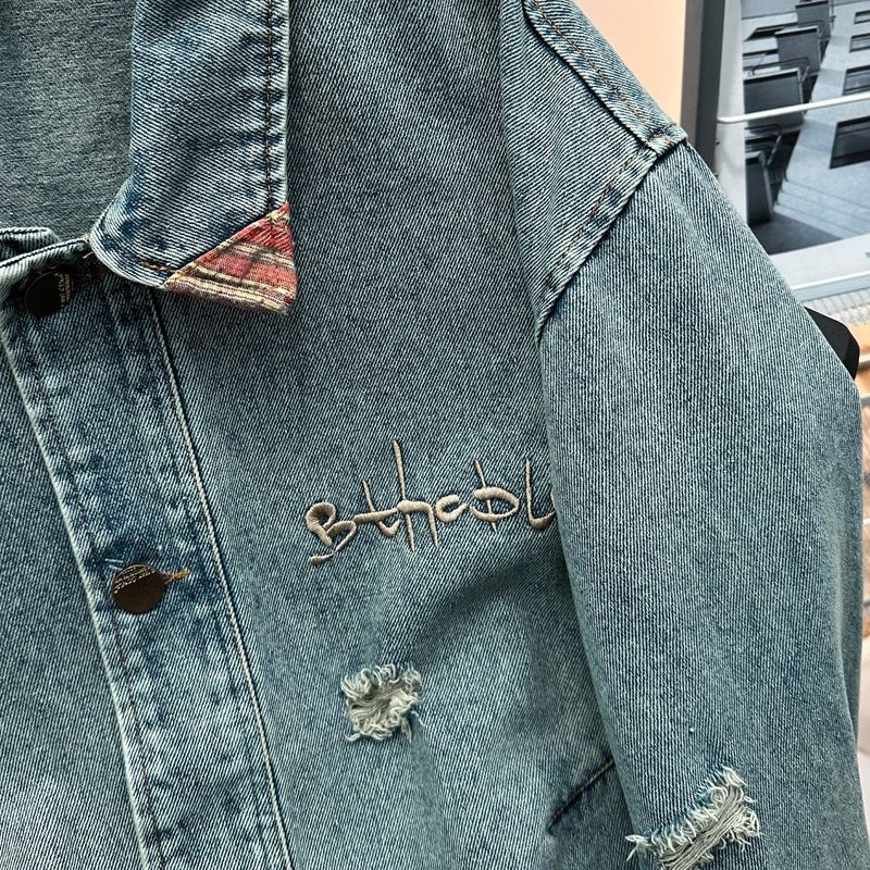 Herrenbekleidung Retro-Jeansjacke mit kariertem Revers – Unisex-Vintage-Stil (Blau, Größen M-3XL)_voghion.com