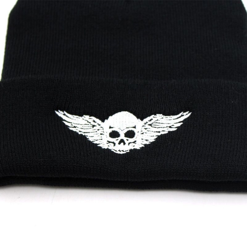 Nuovo cappello da sci autunnale e invernale con teschio e ali ricamate, in maglia, da uomo e da donna, caldo cappello di lana per l'esterno_voghion.com