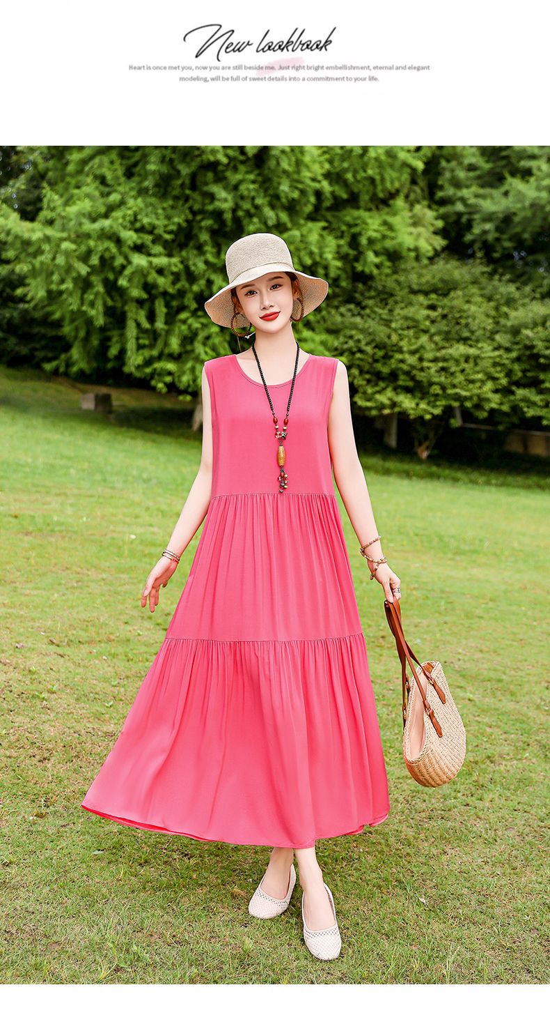 Französischer Stil High-End für Frauen Sommer 2025 Neue lose Plus Size Extra lange Baumwolle Blumenweste Kleid Falten Outfit_voghion.com
