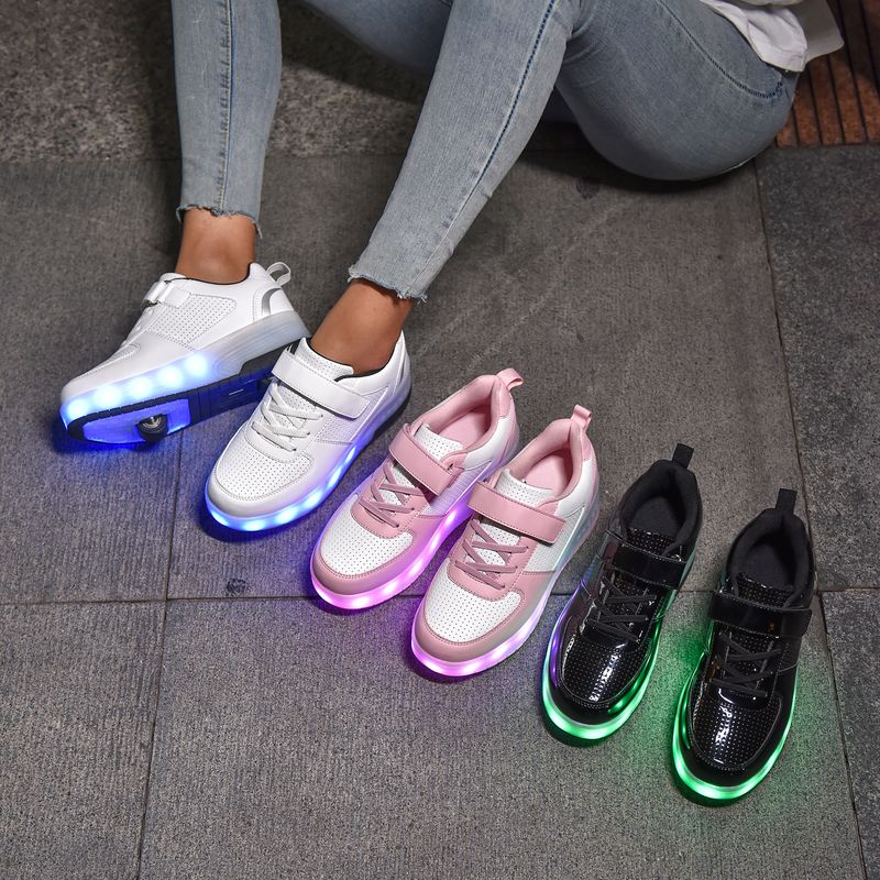 Pantofi sport pentru copii cu două roți, luminoși, strălucitori, cu tocuri, roz, cu role, pentru copii, cu LED-uri, băieți și fete, cu încărcare USB_voghion.com