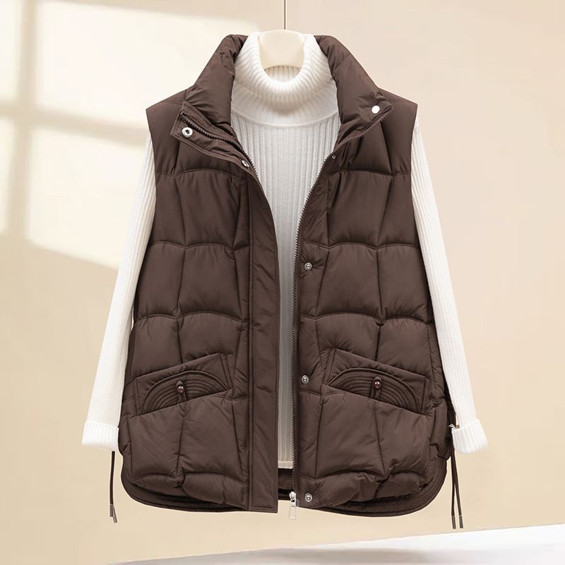 Women's Quilted Vest With Hood - Polyester Puffer Jacket For Winter, Streetwear Fashion, Oversized Fit, Zip Front_voghion.com