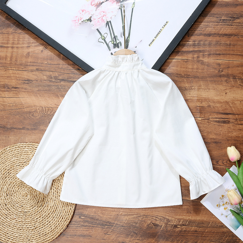 Dječja odjeća Dječja majica za djevojčice, pamučna, s ovratnikom i dugim rukavima, jednobojna čipkasta, slatka dječja_voghion.com