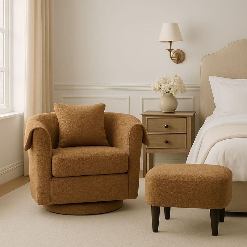 Swivel Accent Chair With Ottoman Set, Modern Chenille Barrel Armchair With Removable Back Pillow & 2 Armrest Covers For Living Room, Bedroom, Office, Yellow_voghion.com