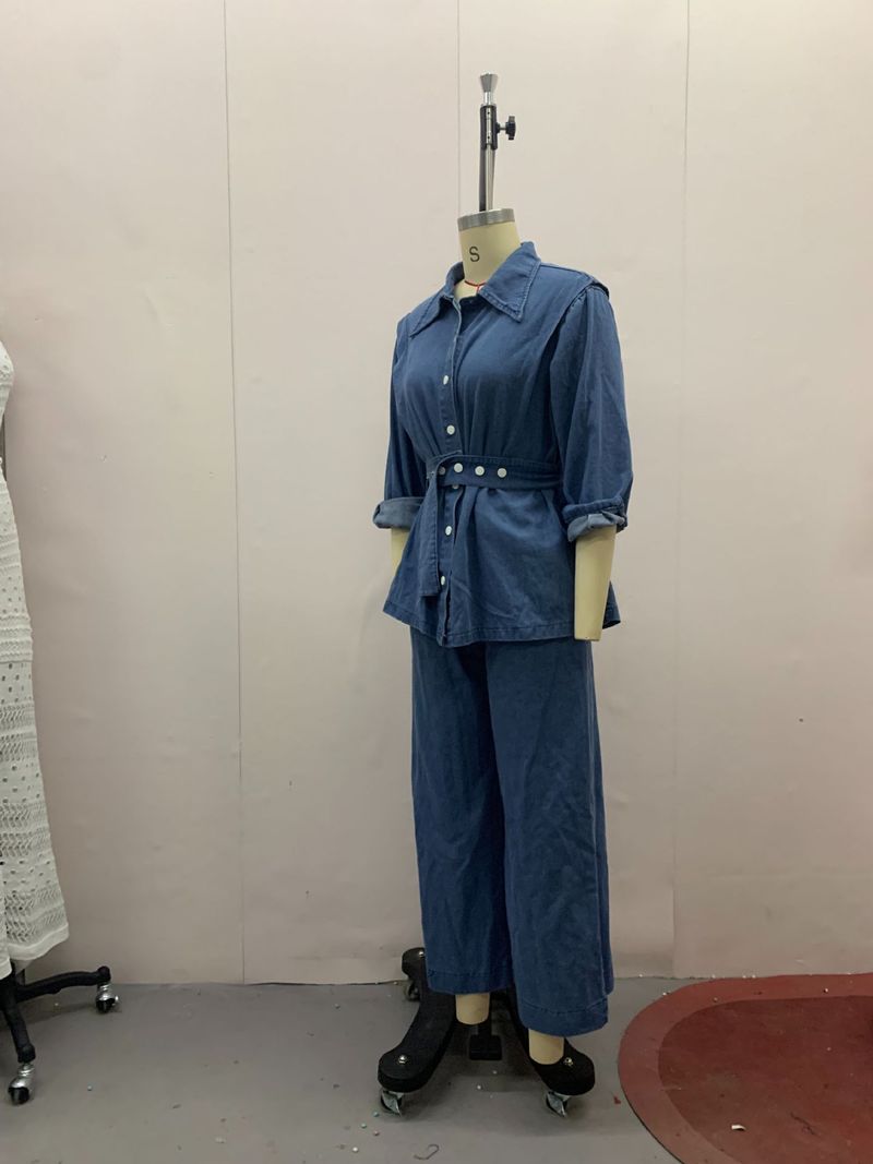 Abbigliamento da donna Nuovo set da due pezzi di jeans a gamba larga e giacca di jeans a maniche lunghe da donna_voghion.com