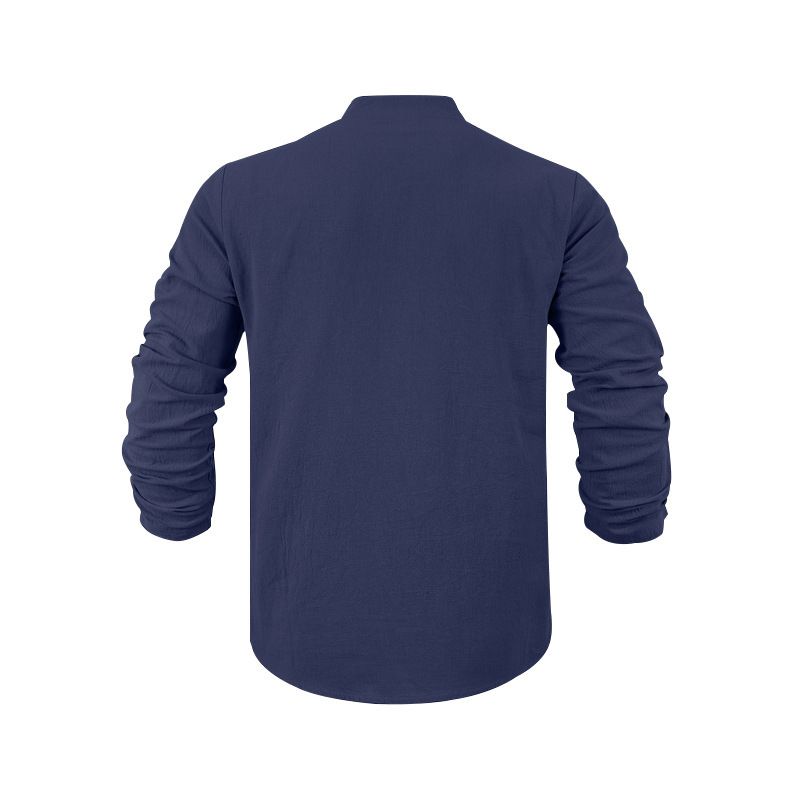 Leinenhemd für Herren – Atmungsaktives Langarm-Henley-T-Shirt, entspannte Passform, lässiger Button-Up mit Stehkragen (Weiß, Marineblau, Schwarz,_voghion.com
