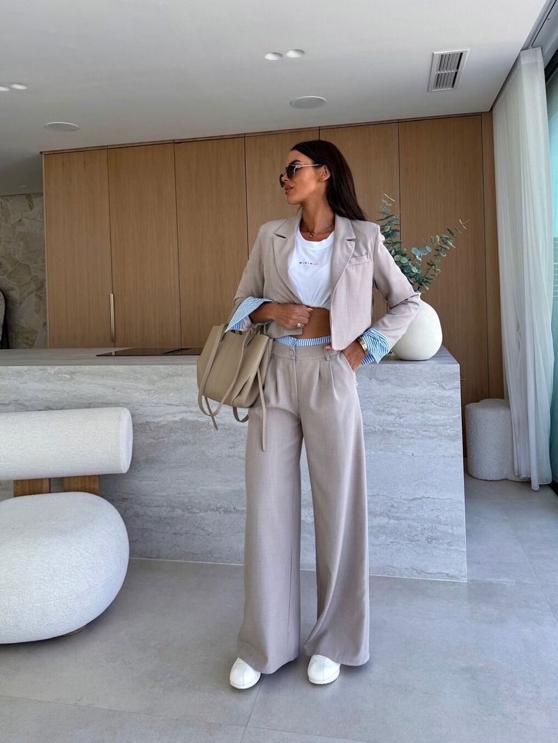 Women's Clothing Women's Striped Splicing Suit Jacket Straight Pants Set Thin Suit Pants Two Piece Set_voghion.com