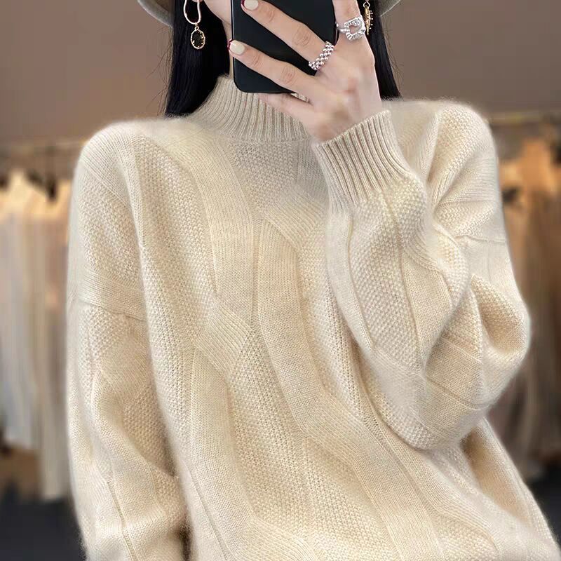 Grobstrickpullover mit hohem Kragen – Oversize-Strickoberteil für Damen mit Zopfmuster (6 neutrale Töne)_voghion.com